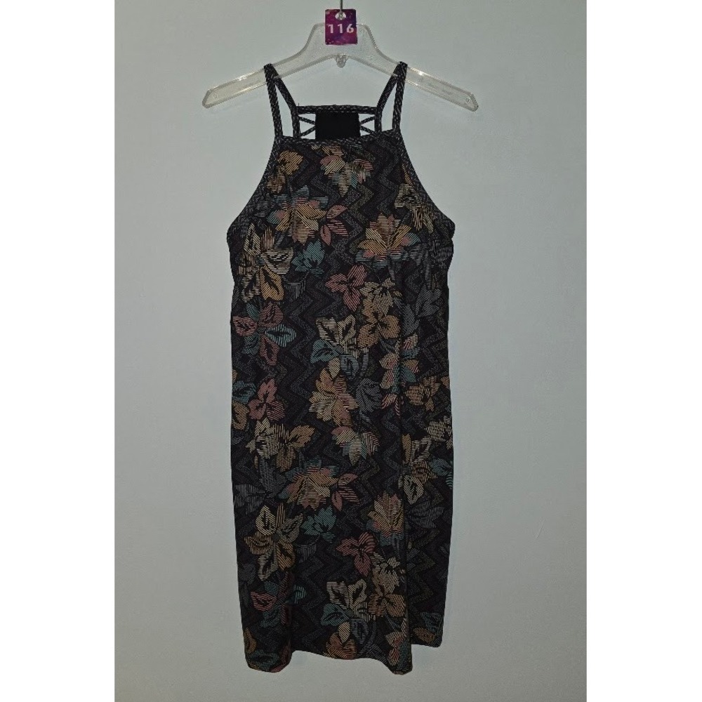 Prana Womens Ador Halter Dress Black Horchata Floral Strappy Activewear Sz Large